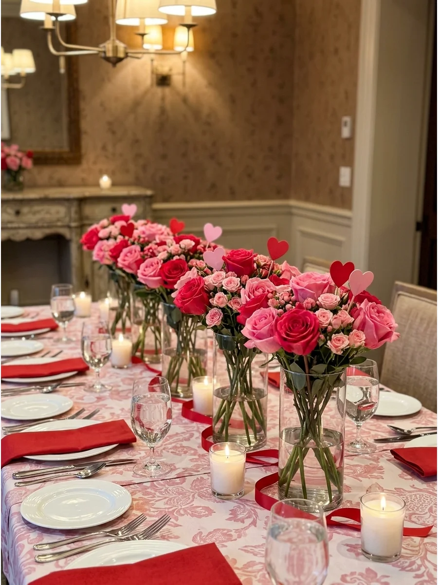 Pink rose centerpieces with heart picks on a private dining table.