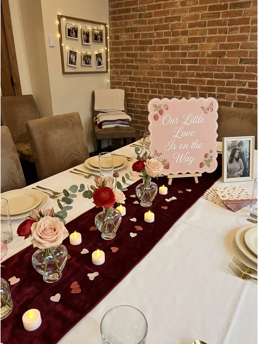 A private dining room table with a burgundy runner and heart-shaped vases for a baby shower.