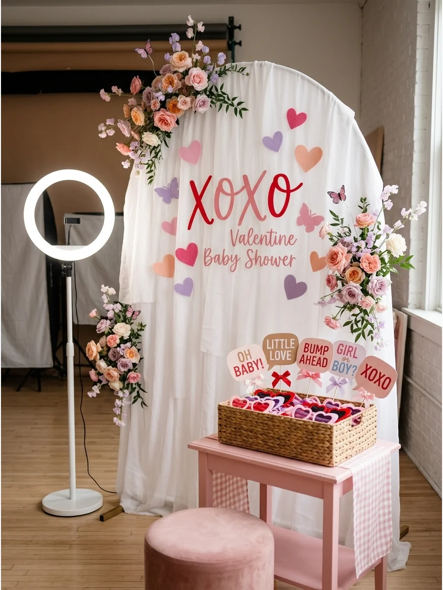 A Valentine-themed photo booth with props and an XOXO backdrop.