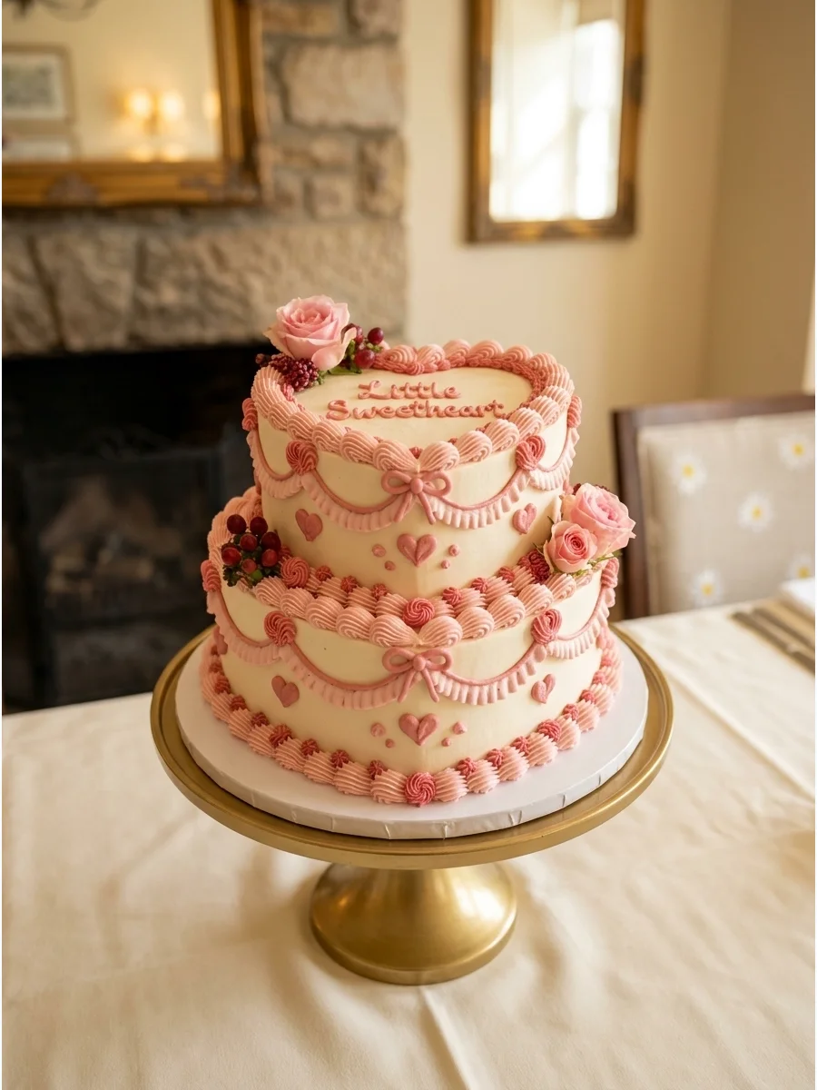 Heart-shaped baby shower cake with pink frosting and bows.