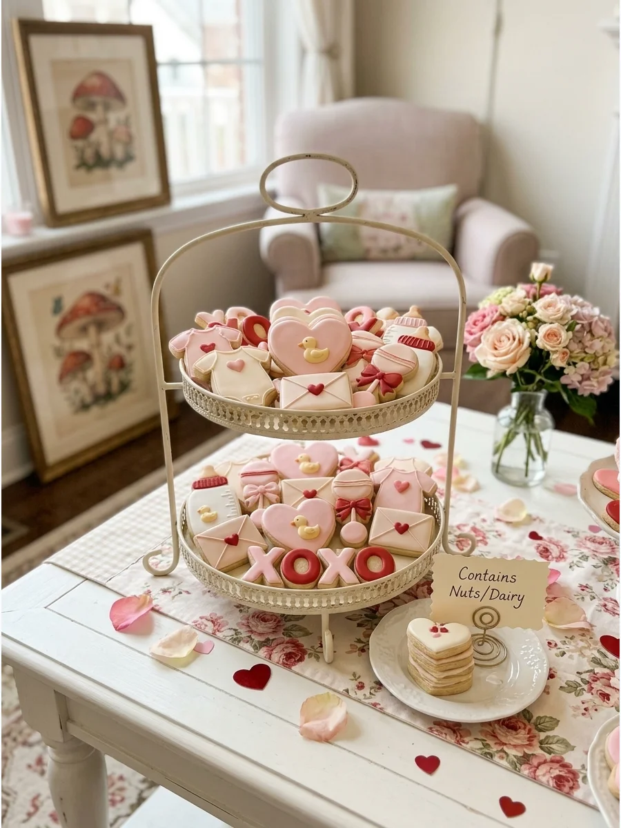 Tiered trays of decorated Valentine-themed baby shower cookies.