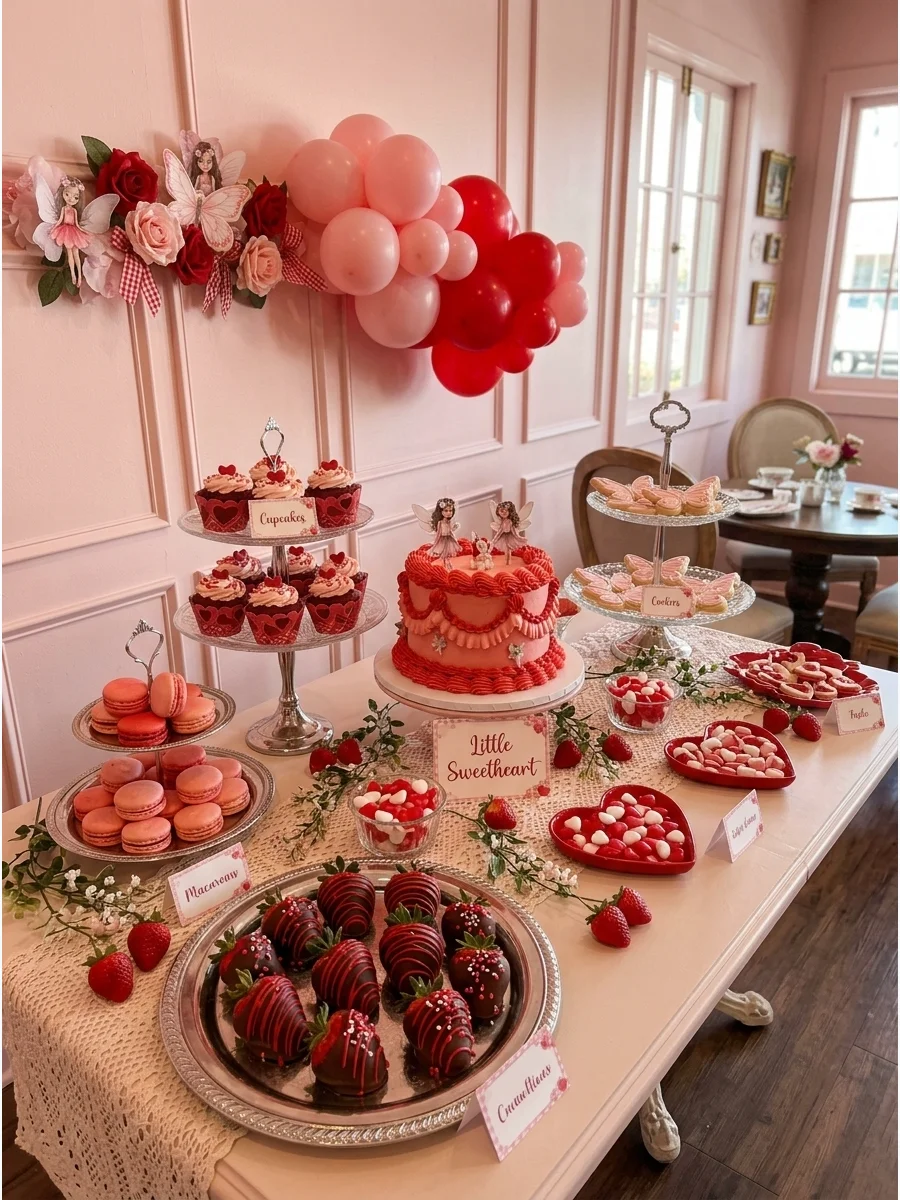 A full dessert table with Valentine-themed sweets in a tea room.