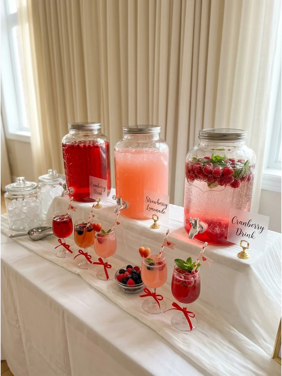 A pink mocktail bar with glass dispensers and heart stirrers.