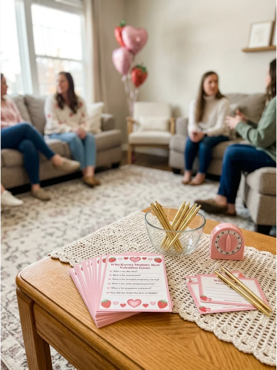 Pink trivia game cards for a Valentine-themed baby shower.