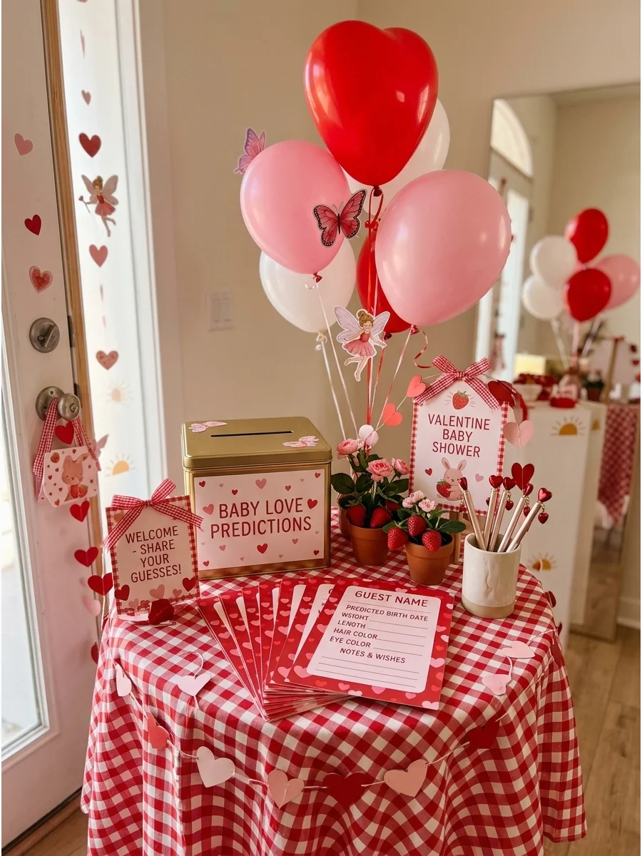 Baby prediction station with a gold box and heart cards.