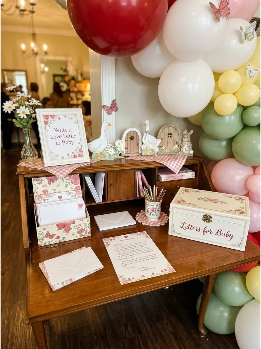 A writing station with stationery for letters to the baby.