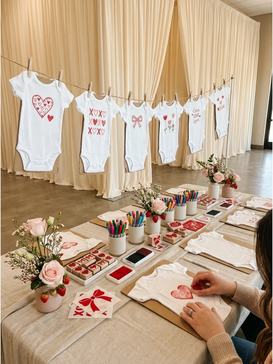 A craft station for decorating baby bodysuits with heart stencils.