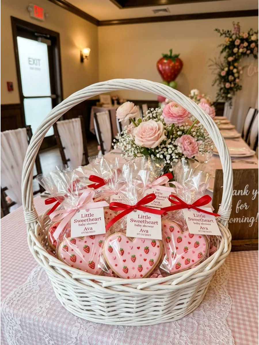 Heart-shaped sugar cookies wrapped as baby shower favors.