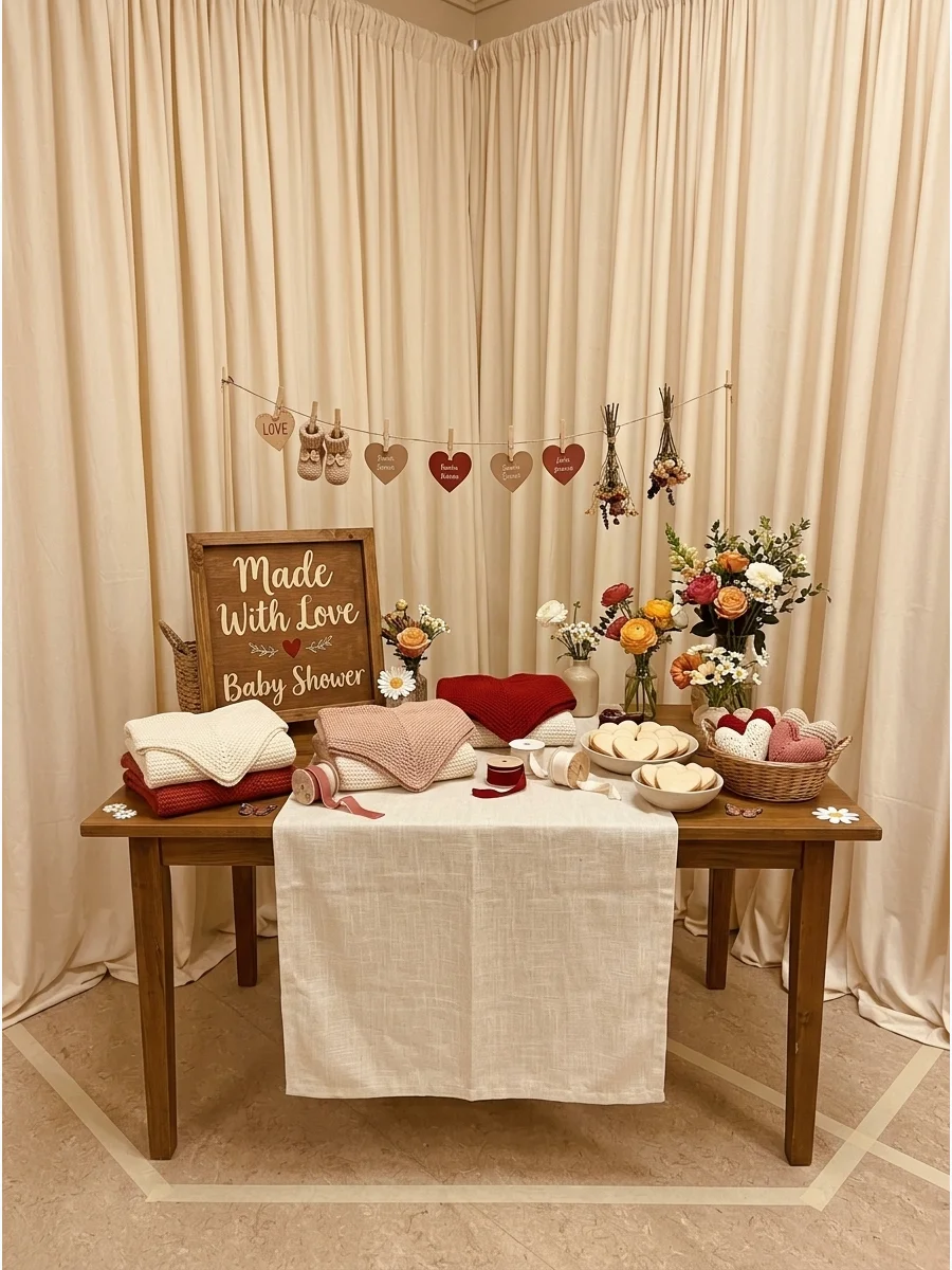 A community hall decorated with cream draping and a display of handmade heart blankets.