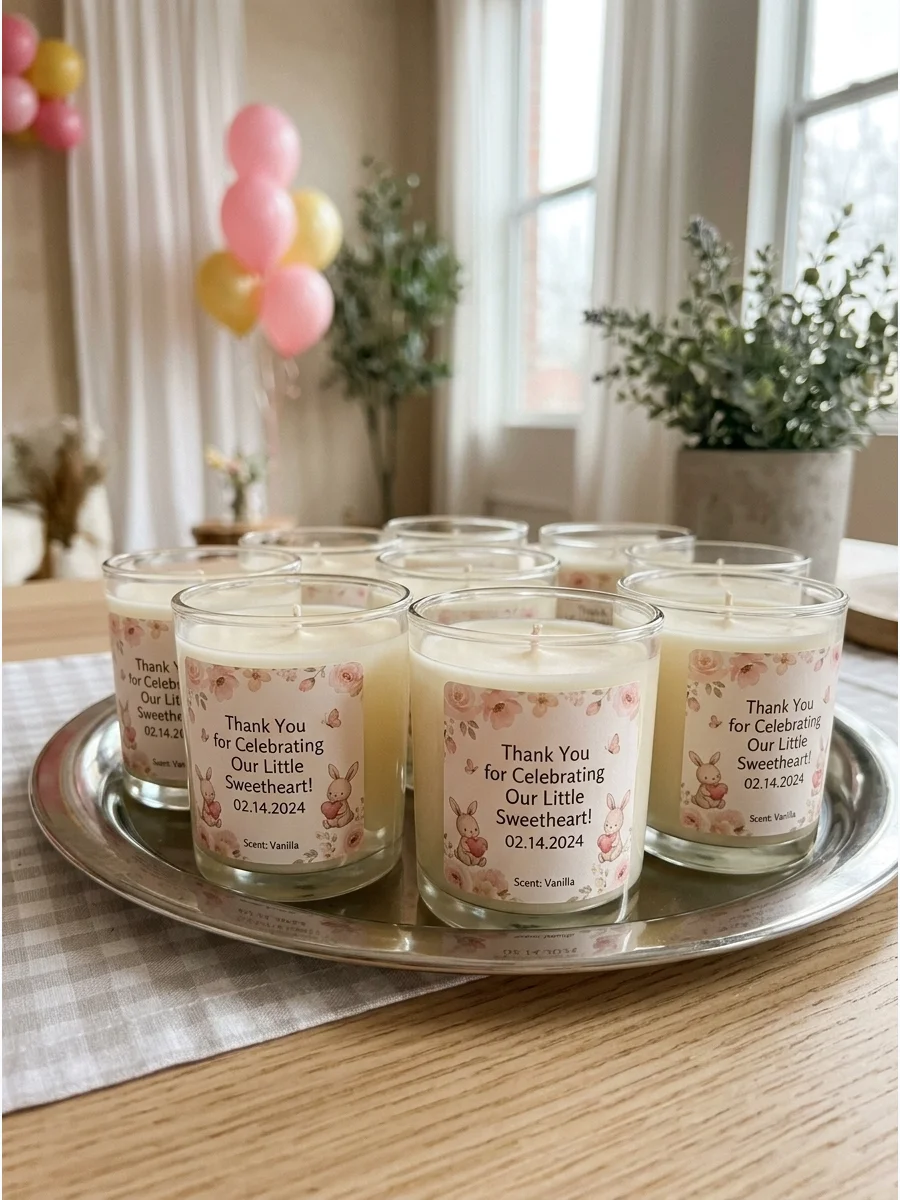 Mini candles with custom labels used as baby shower favors.