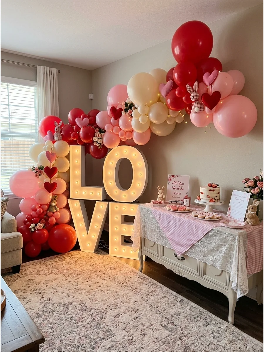 Large LOVE marquee letters surrounded by pink flowers in a residential living room.