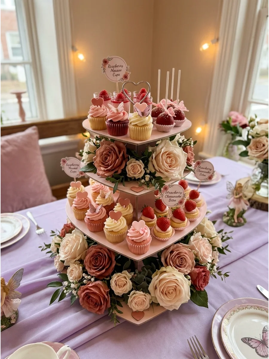 A heart-shaped tiered stand with finger sandwiches in a lavender-themed tea room.