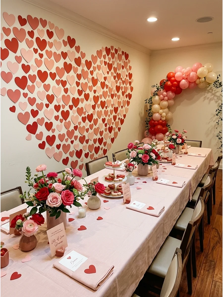A photo backdrop made of hundreds of paper hearts in a private dining room.