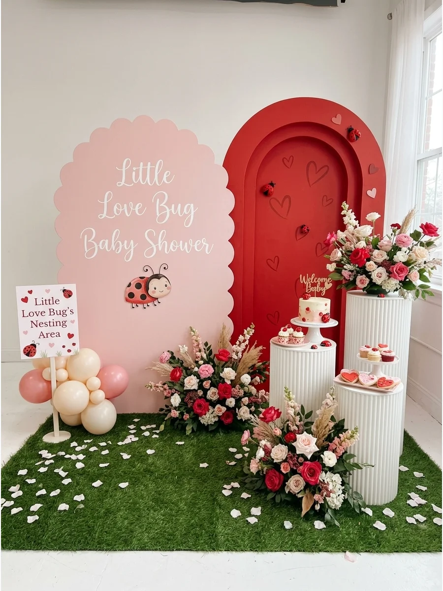 A garden-themed baby shower setup in a studio with heart-spotted ladybug decorations.
