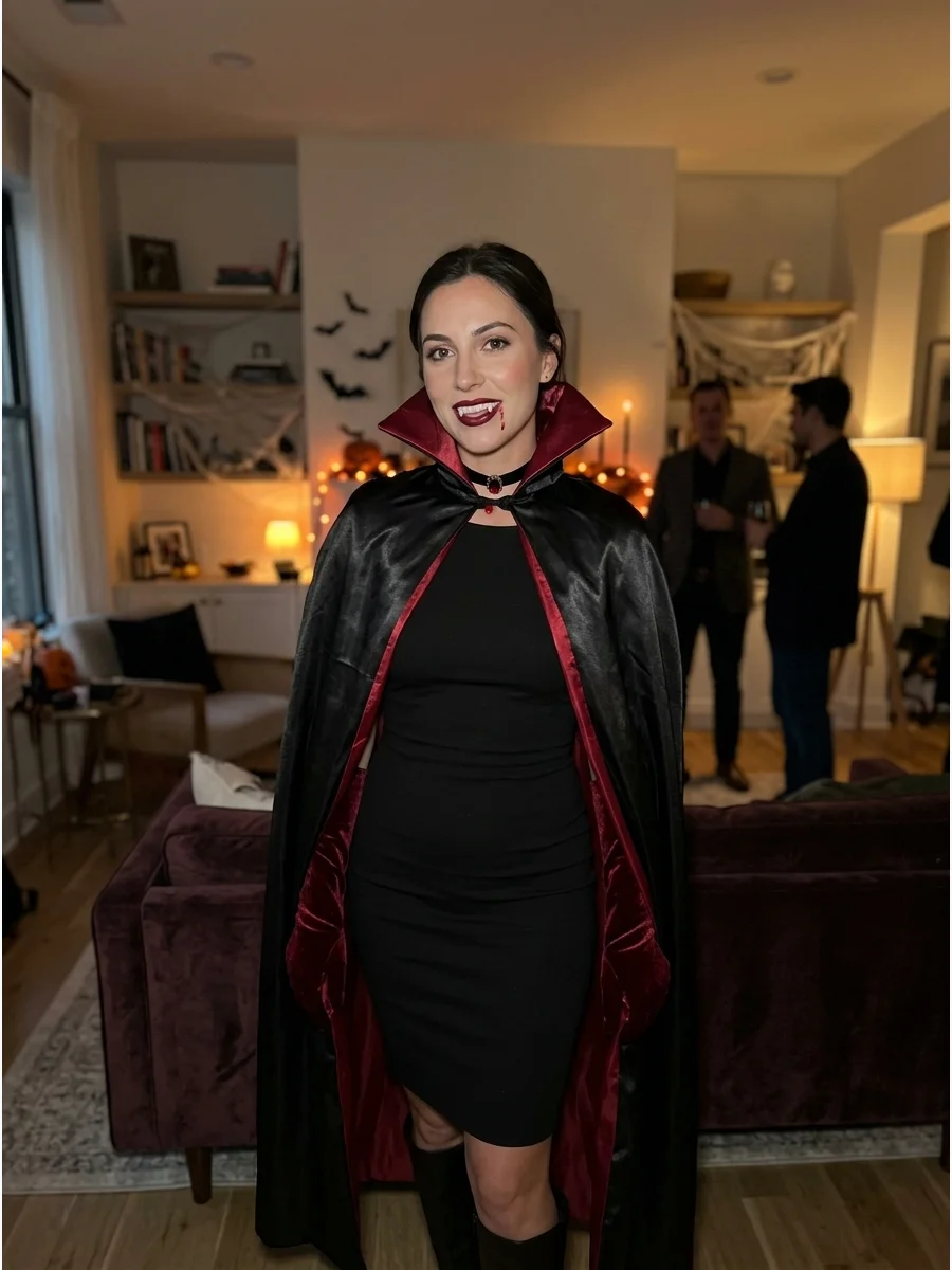 Woman in a black and red vampire costume with a high collar.