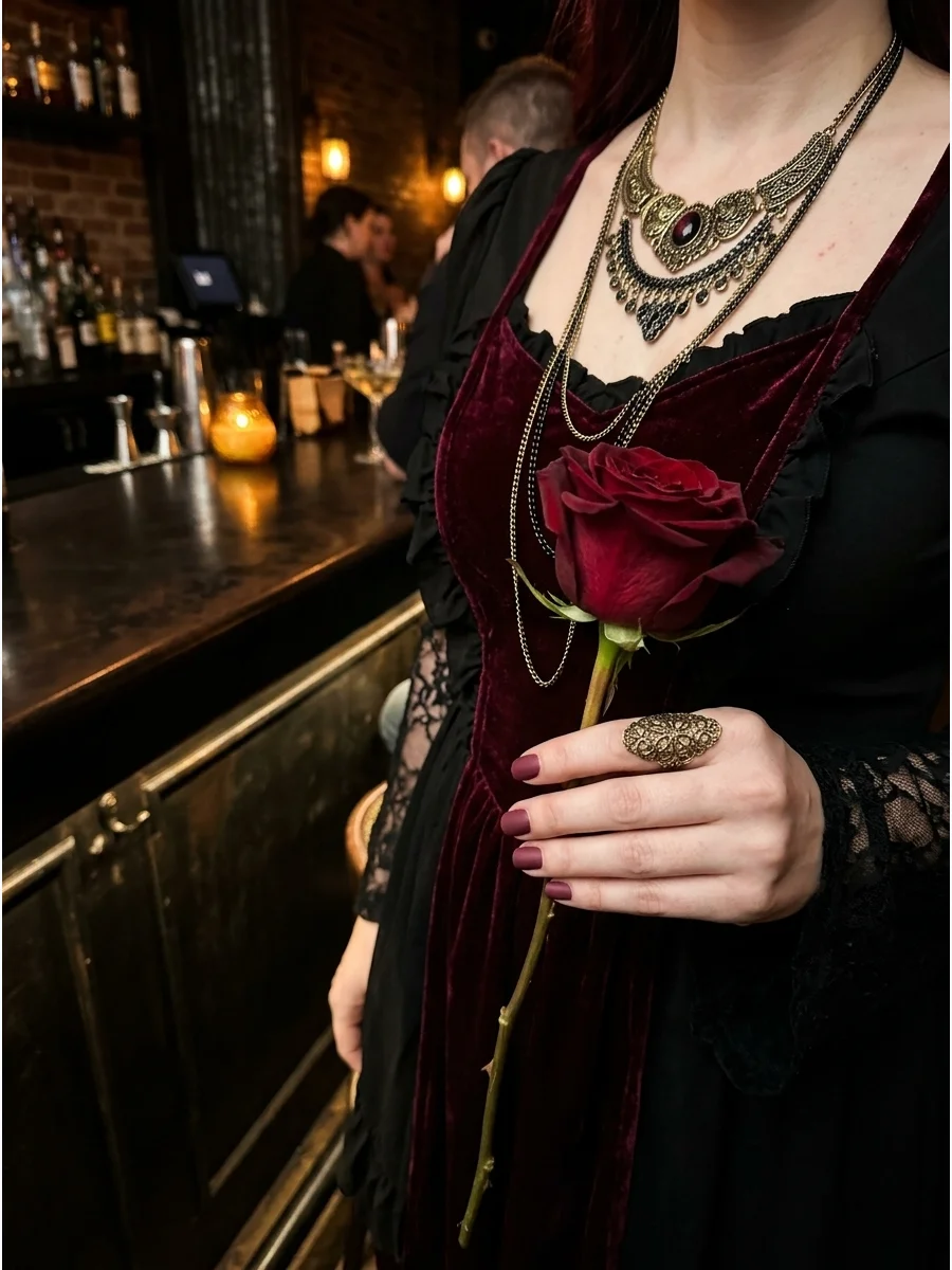 Black and burgundy vampire costume with gold jewelry.