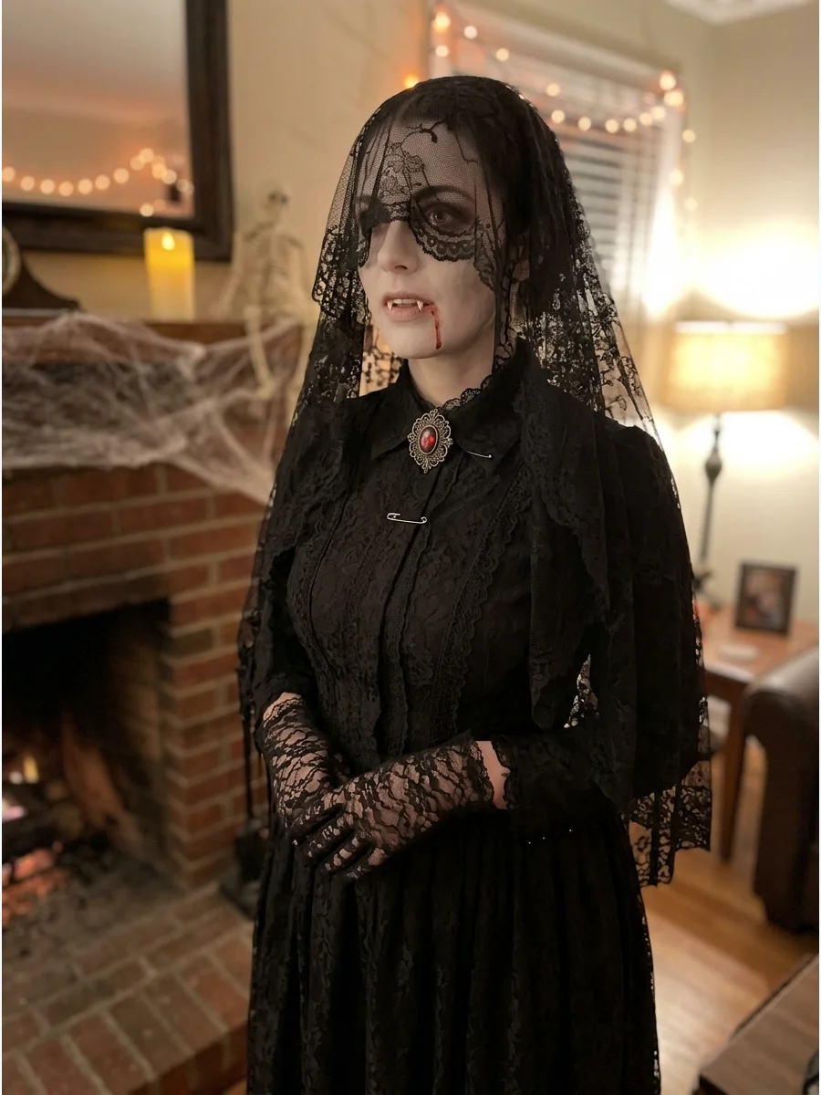Woman in a black mourning dress and veil for a widow vampire costume.