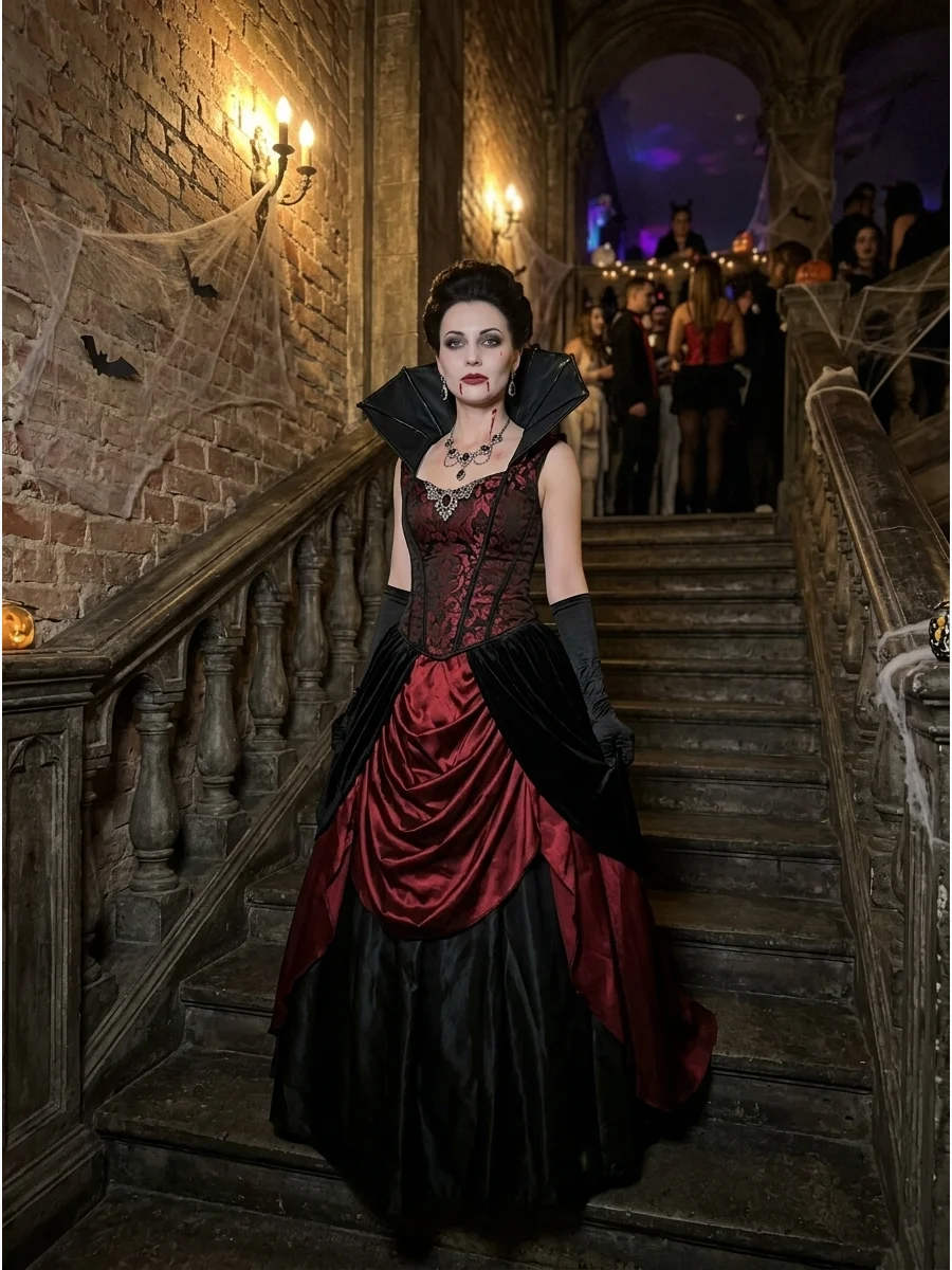 Woman in a red and black Victorian countess gown with a high collar.