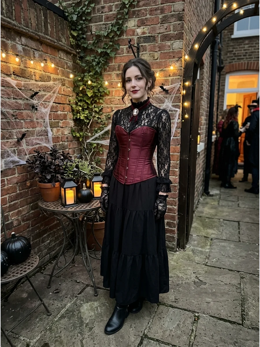 Woman wearing a burgundy corset and white lace blouse for a vampire look.