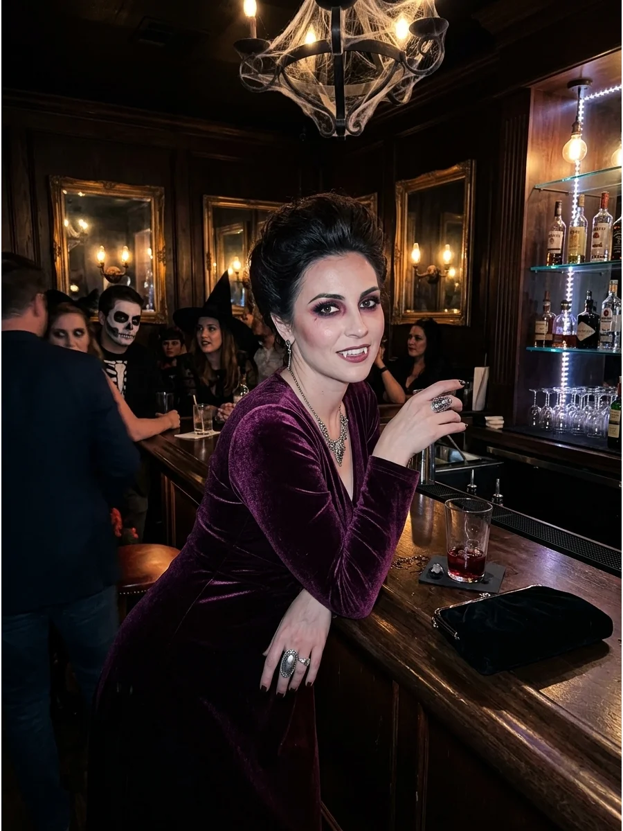 Woman in a plum velvet Victorian gown for a vampire costume.