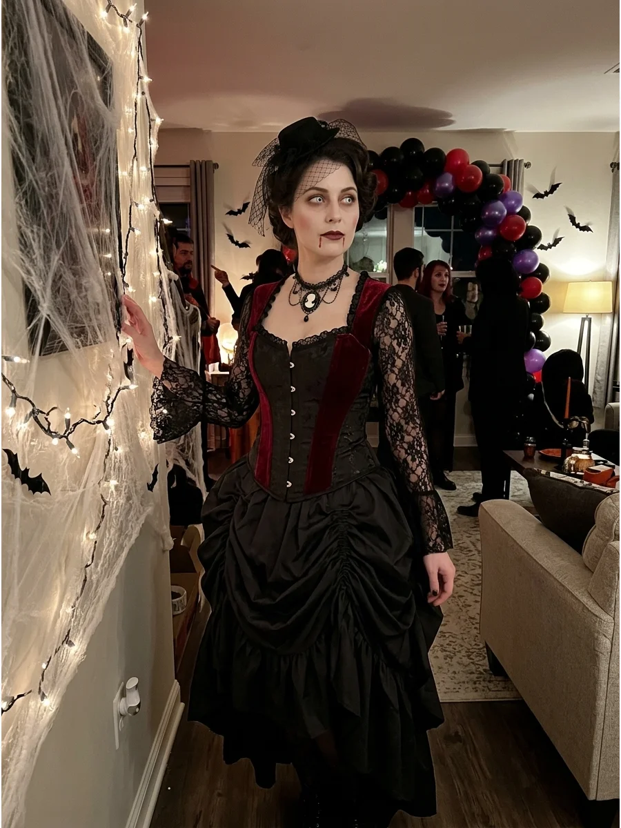 Woman in a Victorian bustle skirt and vampire makeup.