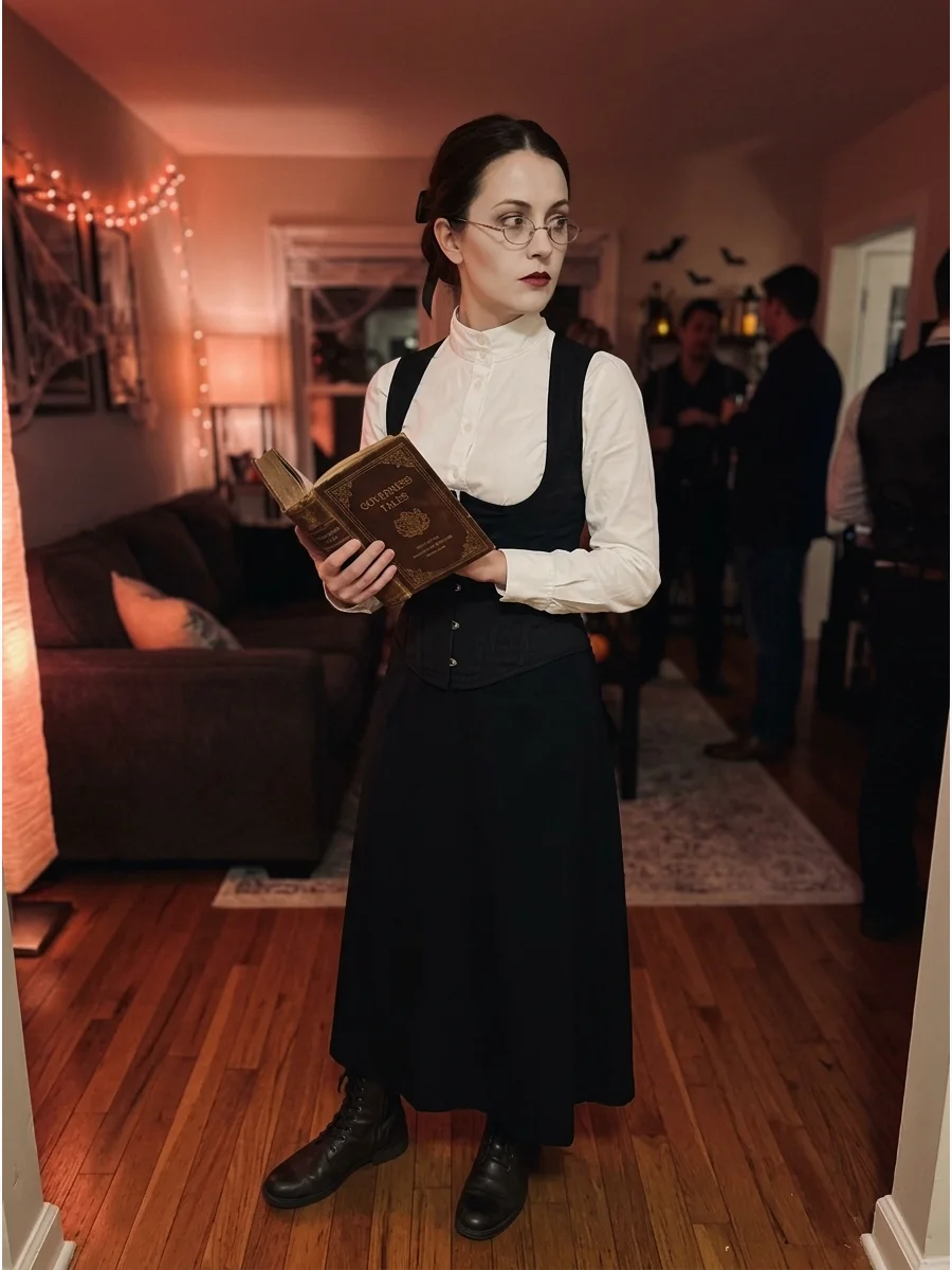 Woman dressed as a Victorian vampire governess holding an old book.