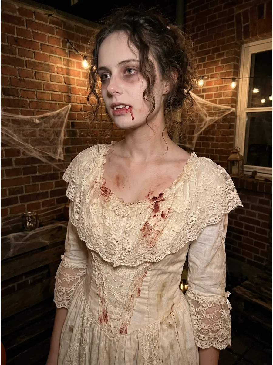 Woman in a white lace Victorian dress with vampire makeup and blood stains.
