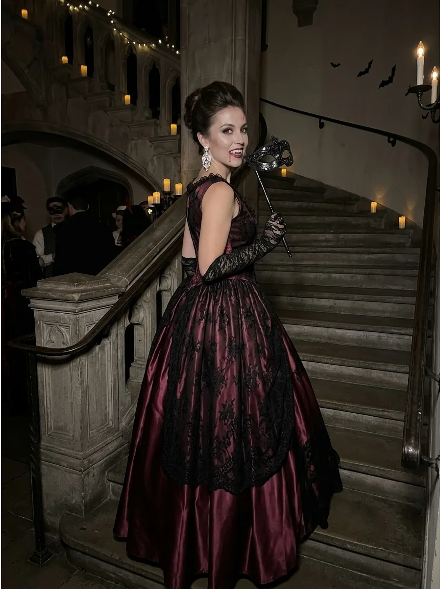 Woman in a wine-colored Victorian ball gown with a masquerade mask.