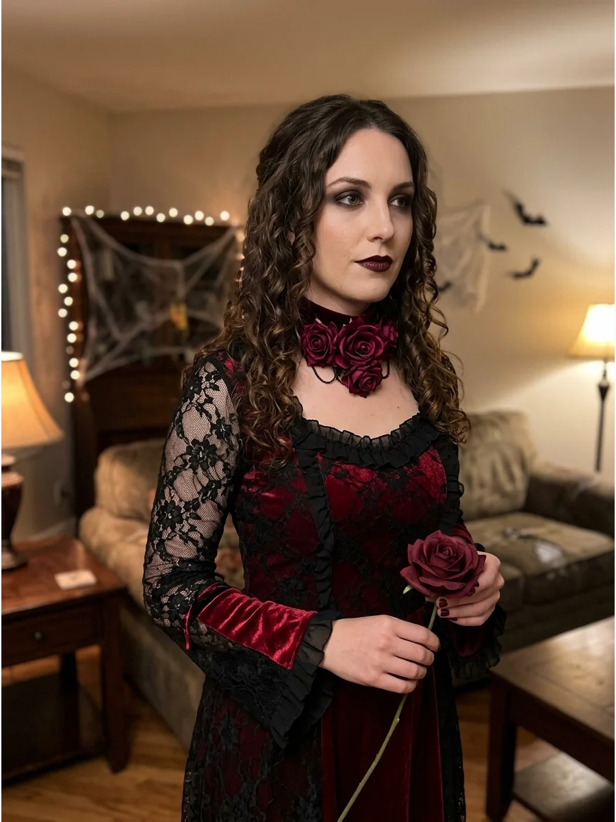 Woman wearing a romantic gothic vampire outfit with red roses.
