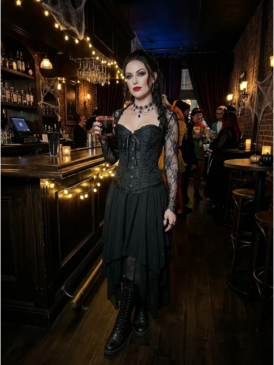 Gothic corset vampire costume with black boots and lace sleeves.