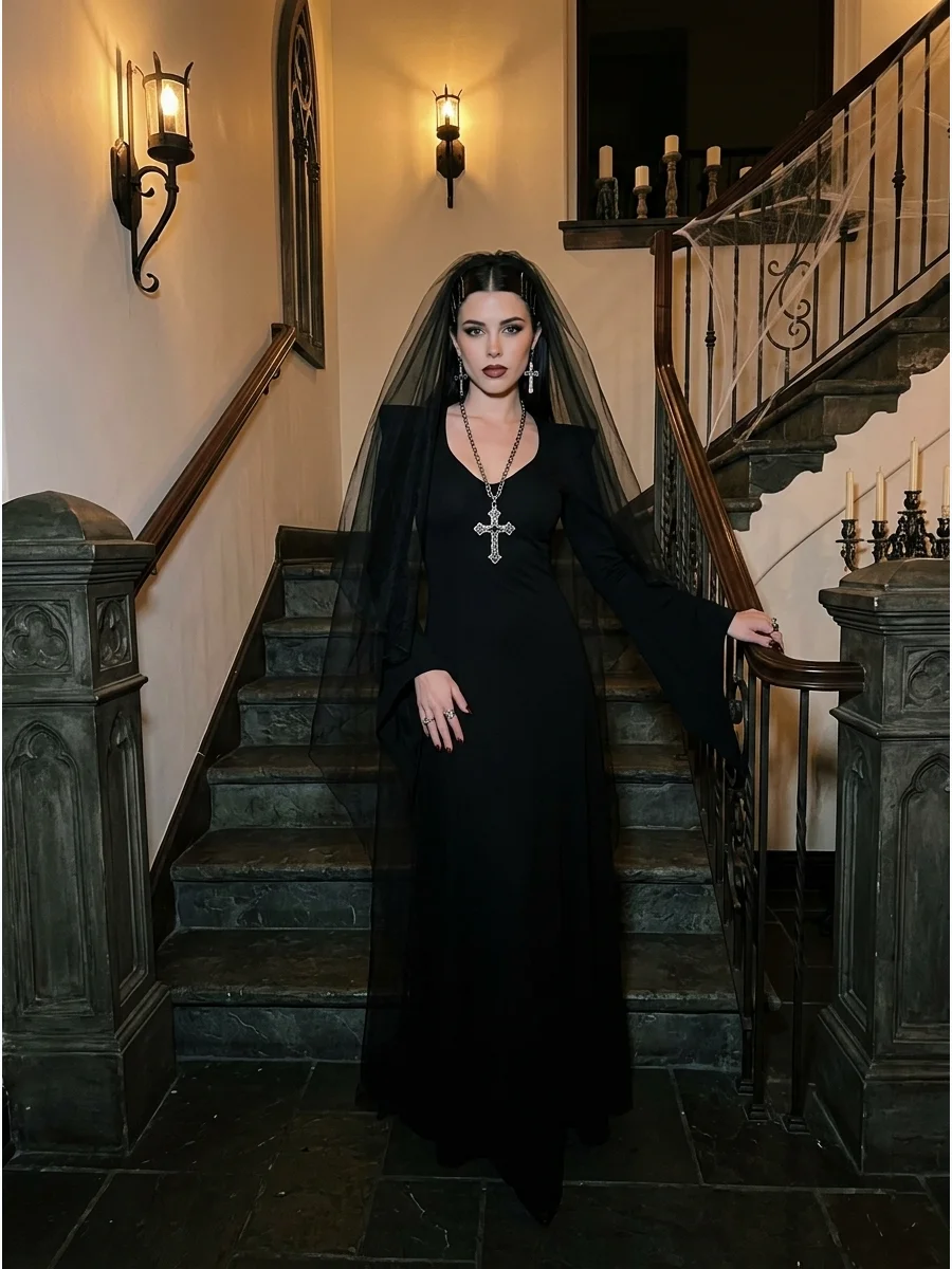 Cathedral style vampire costume with a long black gown and veil.