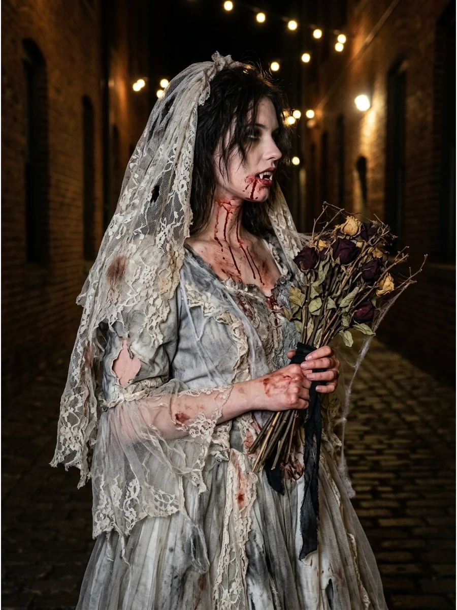 Gothic bride vampire costume with a torn veil and dried flowers.