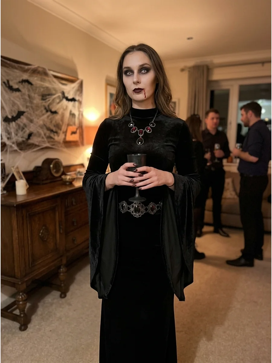 Gothic priestess vampire costume with bell sleeves and a chalice.