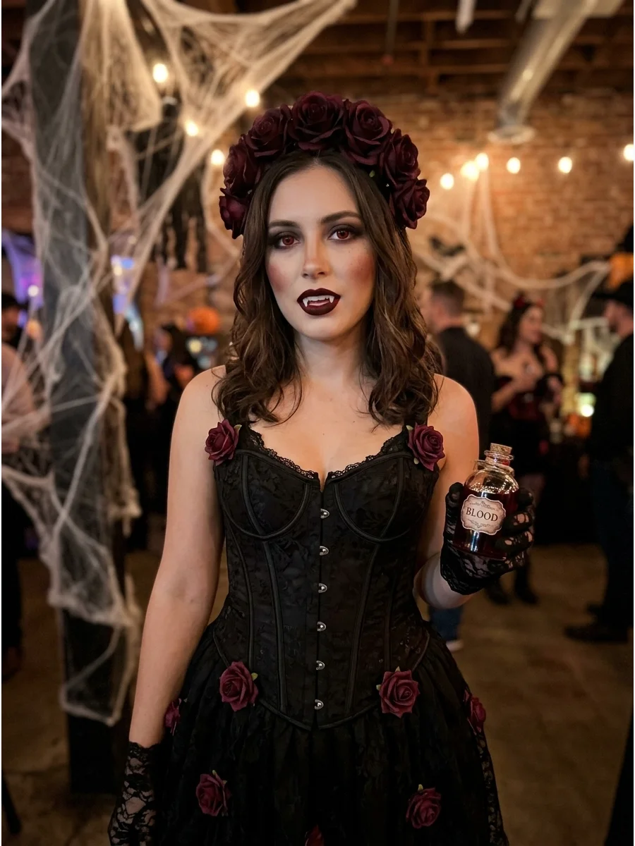 Dark rose vampire costume with a floral headpiece and black corset.