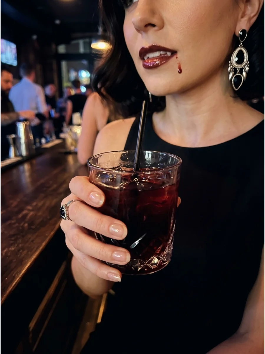 Woman in a black evening dress with dark red lips and fangs in a bar.