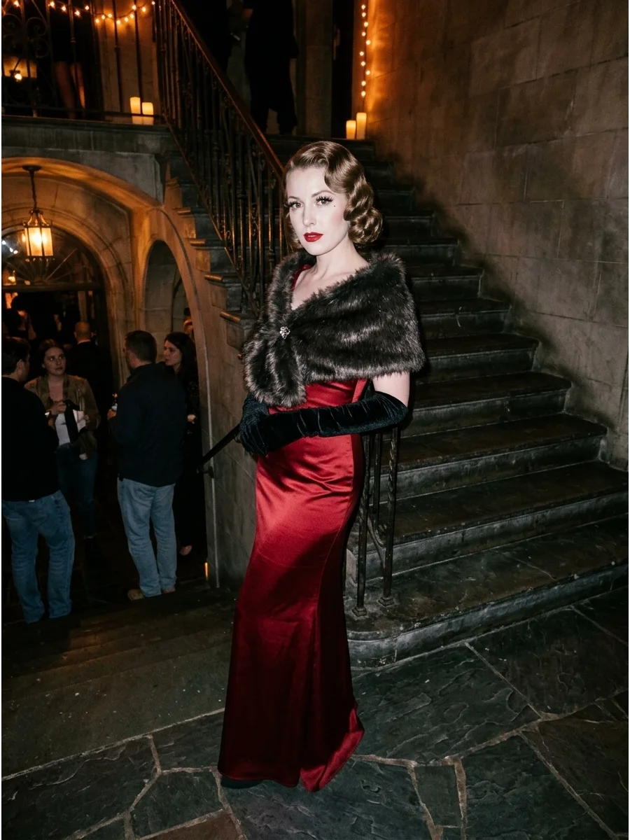 Woman in a vintage satin gown and fur stole on a gothic staircase.