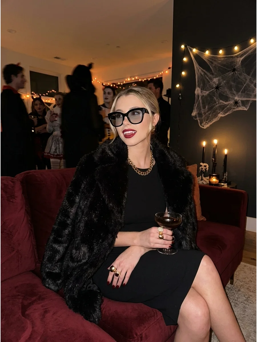Woman in a black cocktail dress and sunglasses posing in a dark living room.