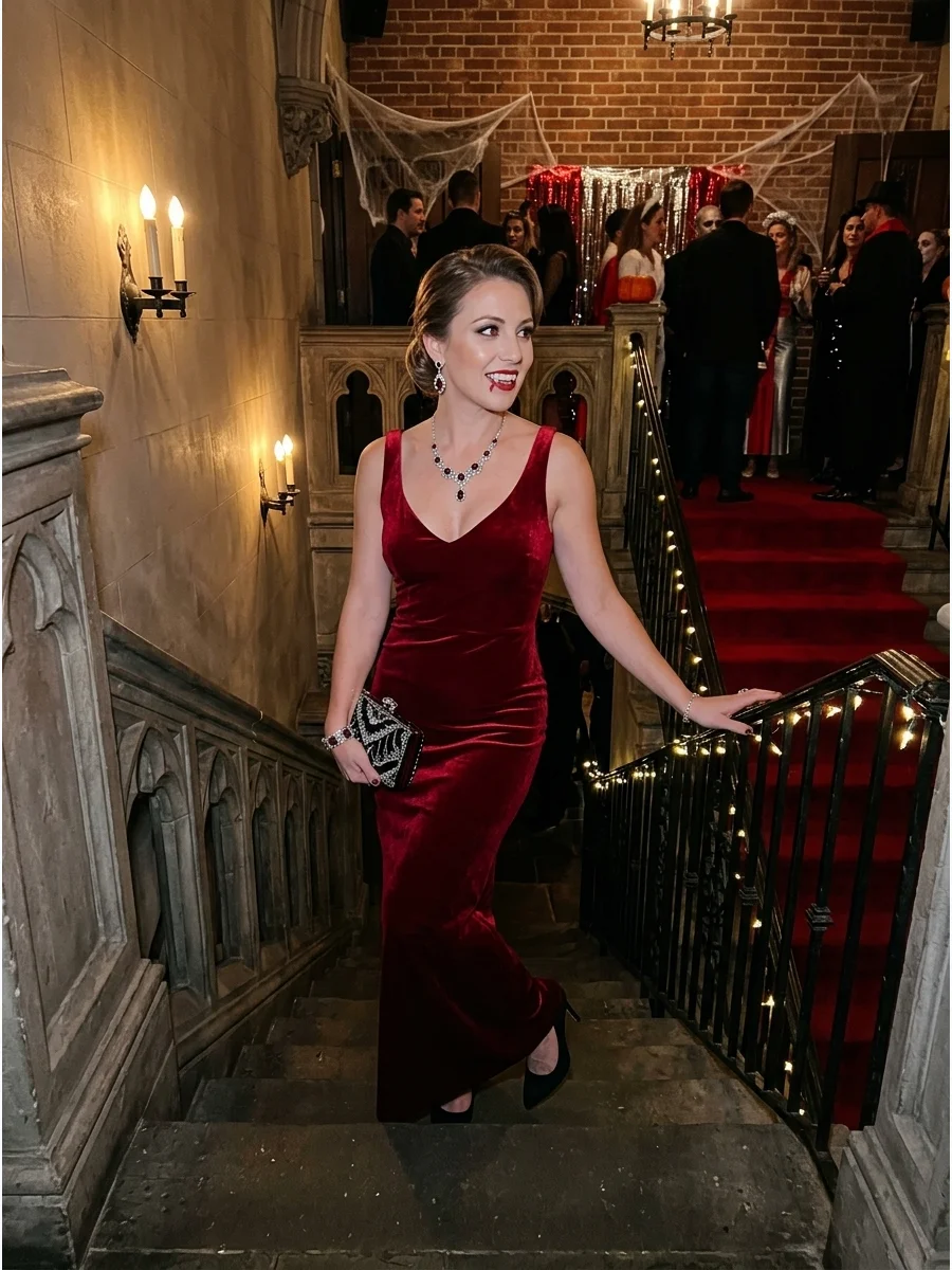 Woman in a glamorous gown with subtle vampire fangs on a staircase.
