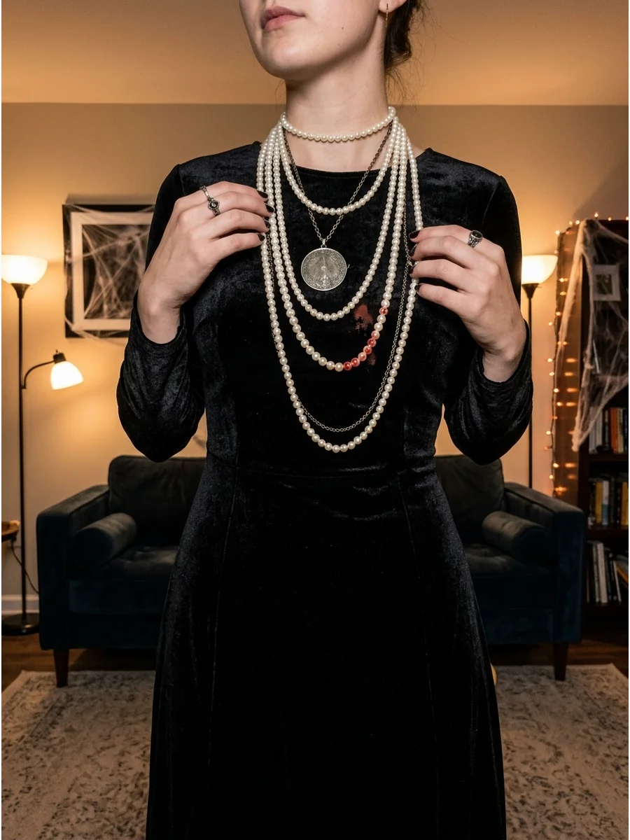 Woman in a velvet dress and pearls with a streak of fake blood.