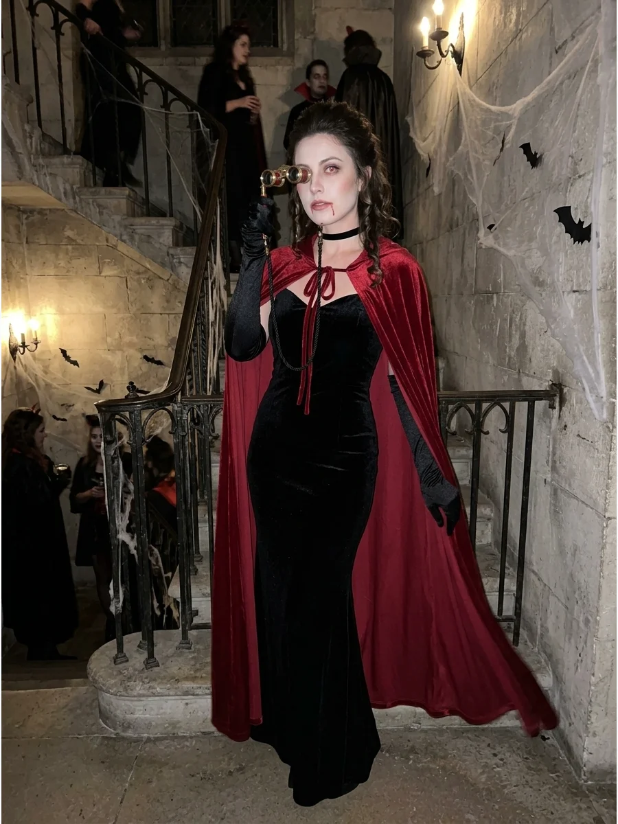 Woman in a gown and velvet cape holding vintage opera glasses.