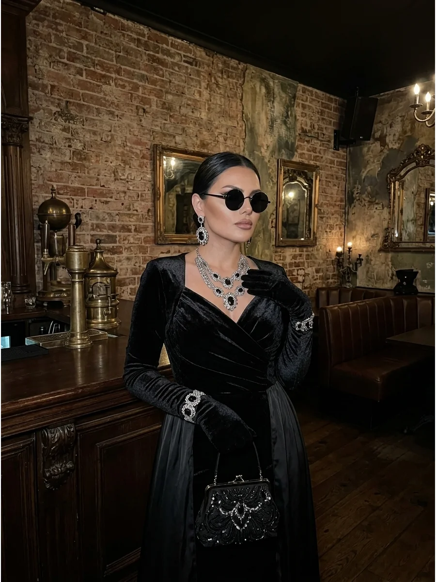 Woman in black luxury attire and jewelry in a dark nightclub.