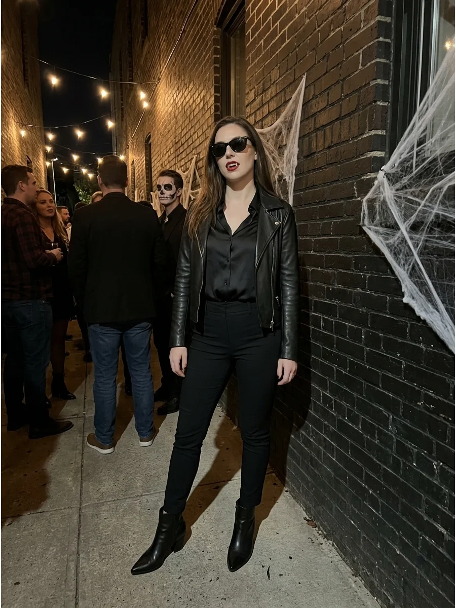 Woman in a leather jacket and black trousers in a brick alley.