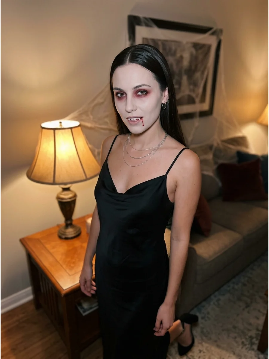 A woman in a black slip dress with pale skin and red eyeshadow.