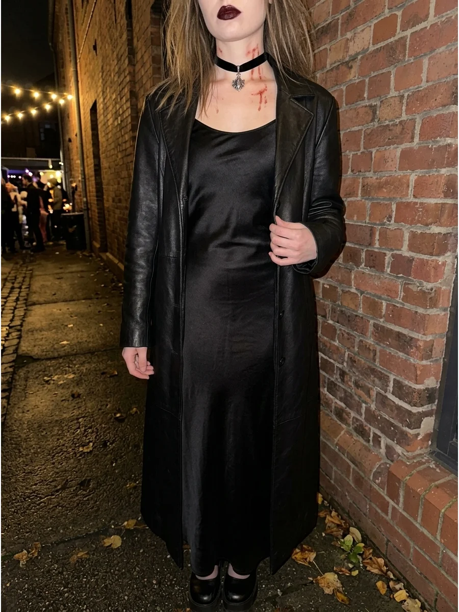 A woman in a 1990s style vampire outfit with a leather coat.