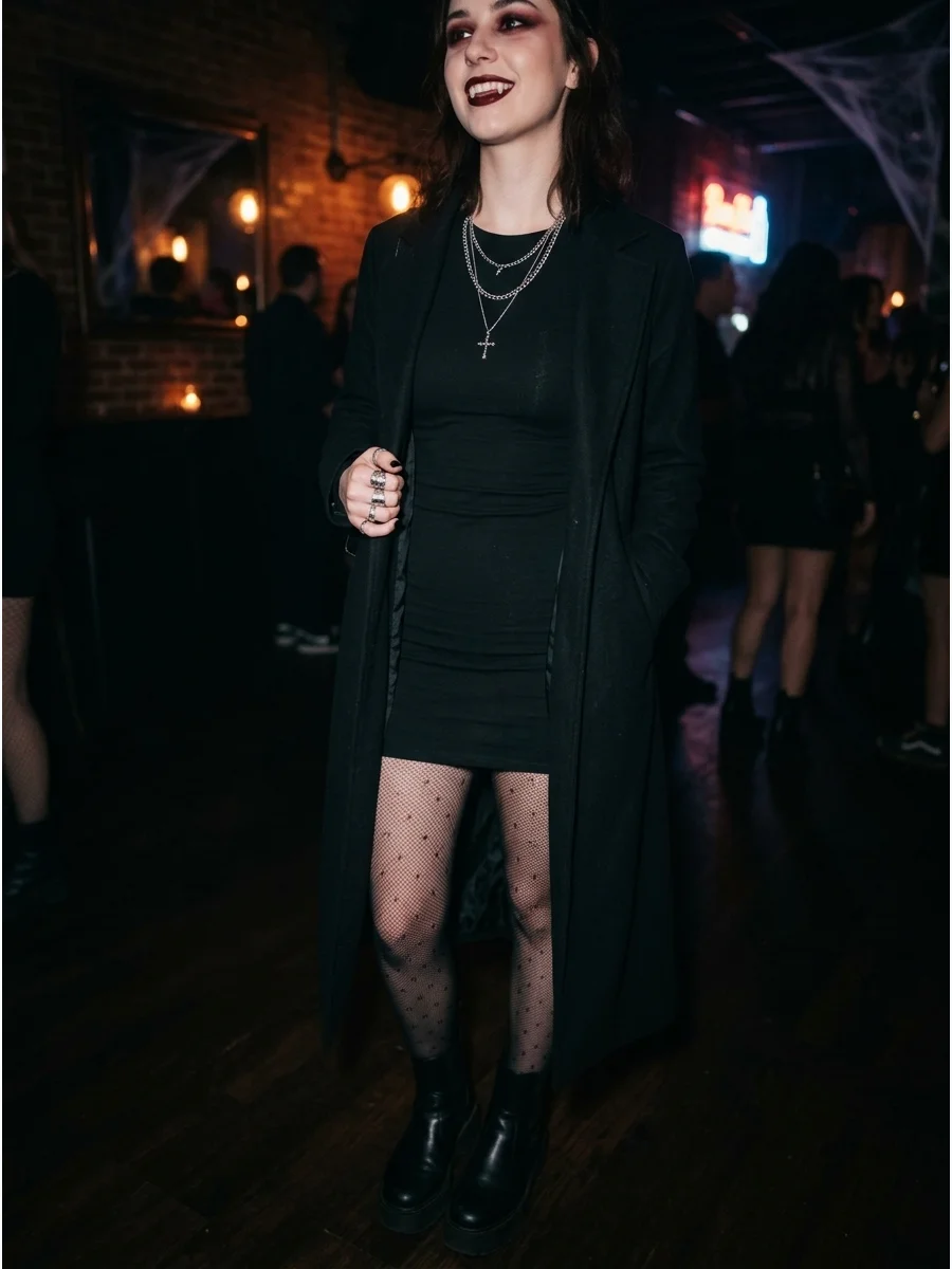 A woman in a black mini dress and platform boots with vampire makeup.