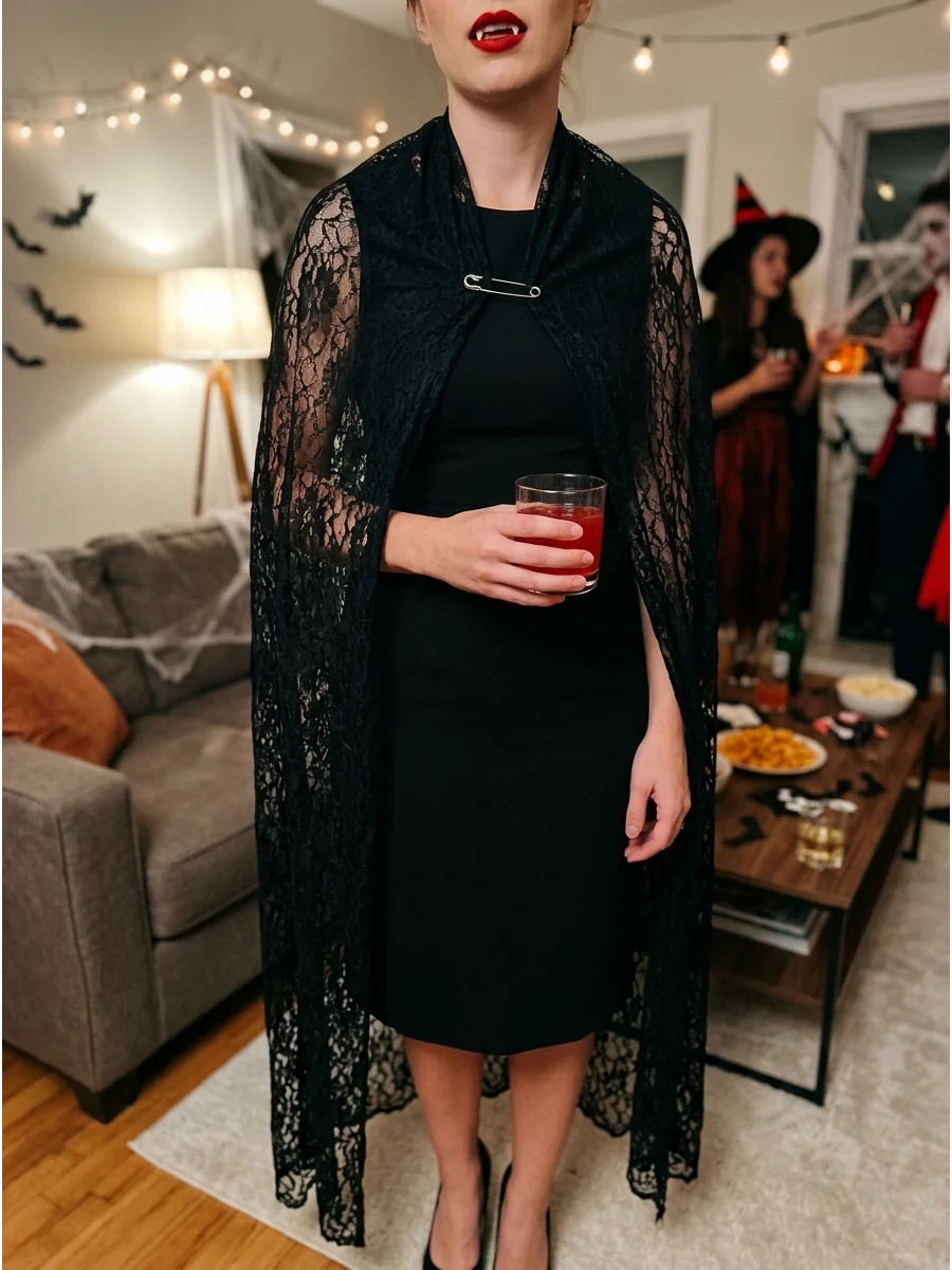 A woman in a black dress with a lace scarf and vampire fangs.