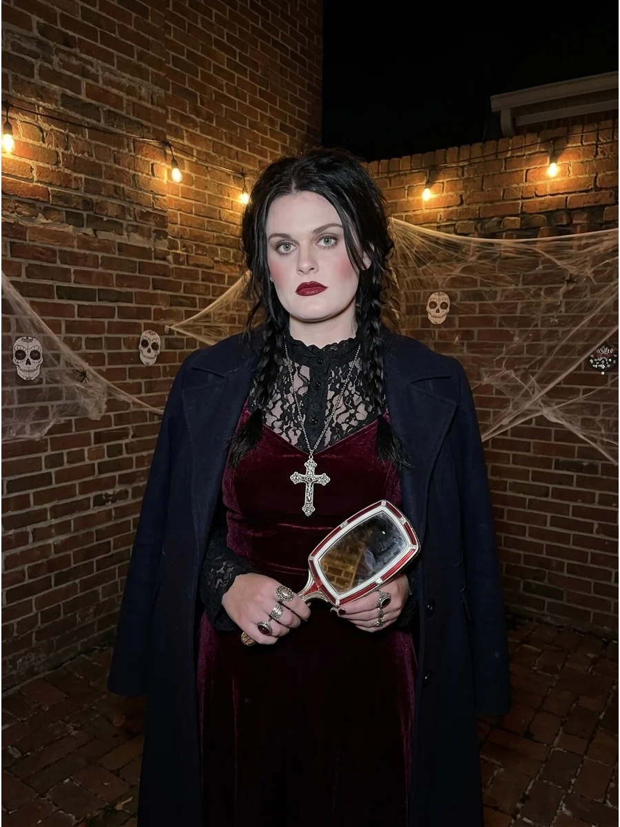 A woman in a thrifted velvet vampire dress and old jewelry.