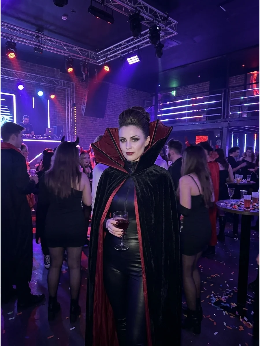 Vampire costume featuring a large structured standing collar.