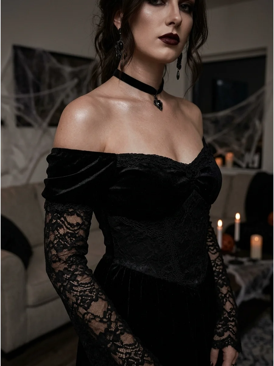Off-the-shoulder black dress for a romantic vampire look.