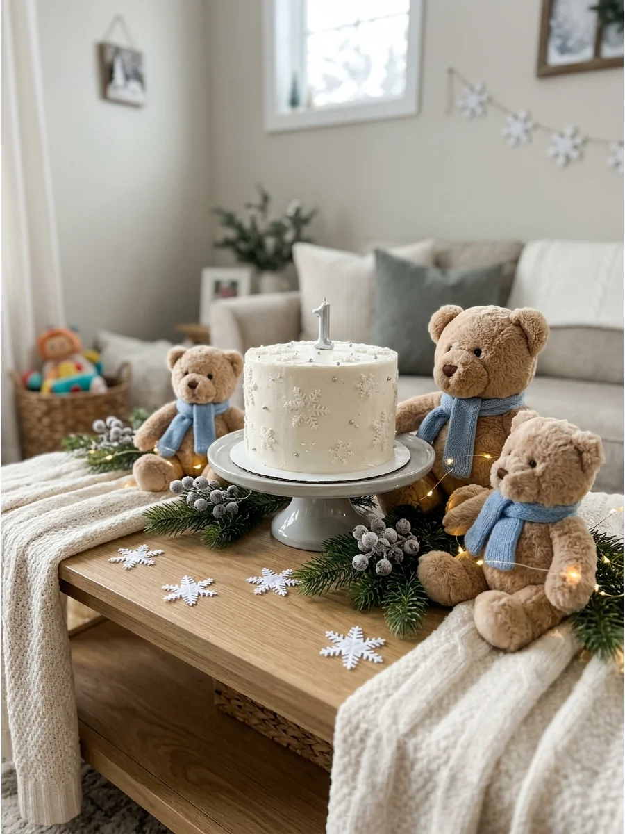 Plush teddy bears with blue scarves on a party table.